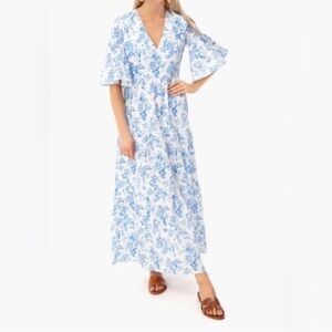 Tuckernuck Ginger Flirty Floral Blue and White Midi Dress-Size XS